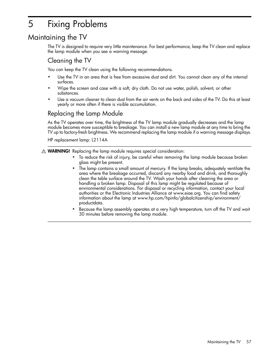 Fixing problems, Maintaining the tv, Cleaning the tv | Replacing the lamp module, 5 fixing problems, 5fixing problems | HP md5020n User Manual | Page 57 / 80