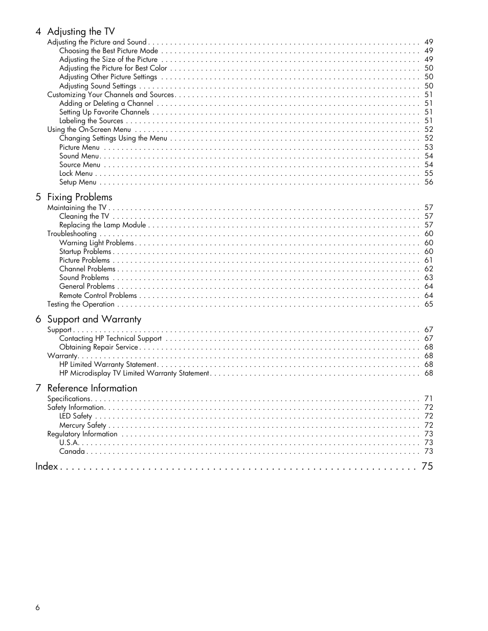 4 adjusting the tv, 5 fixing problems, 6 support and warranty | 7 reference information, Index | HP md5020n User Manual | Page 6 / 80