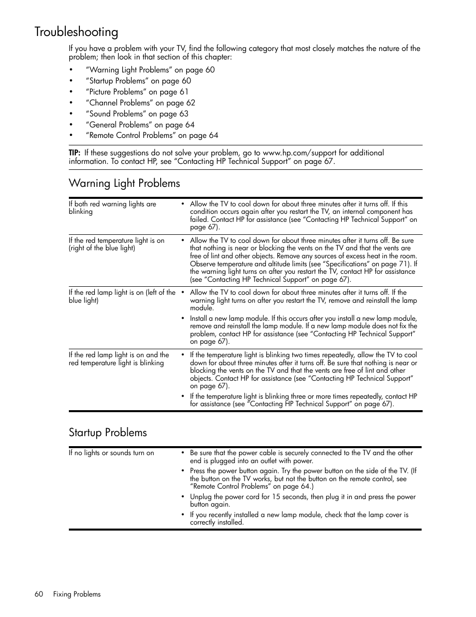 Troubleshooting, Warning light problems, Startup problems | Warning light problems startup problems | HP md5020n User Manual | Page 60 / 80