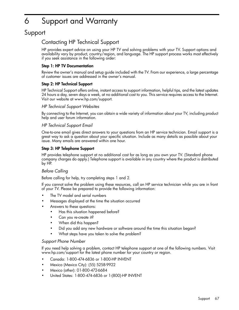 Support and warranty, Support, Contacting hp technical support | Step 1: hp tv documentation, Step 2: hp technical support, Hp technical support websites, Hp technical support email, Step 3: hp telephone support, Before calling, Support phone number | HP md5020n User Manual | Page 67 / 80