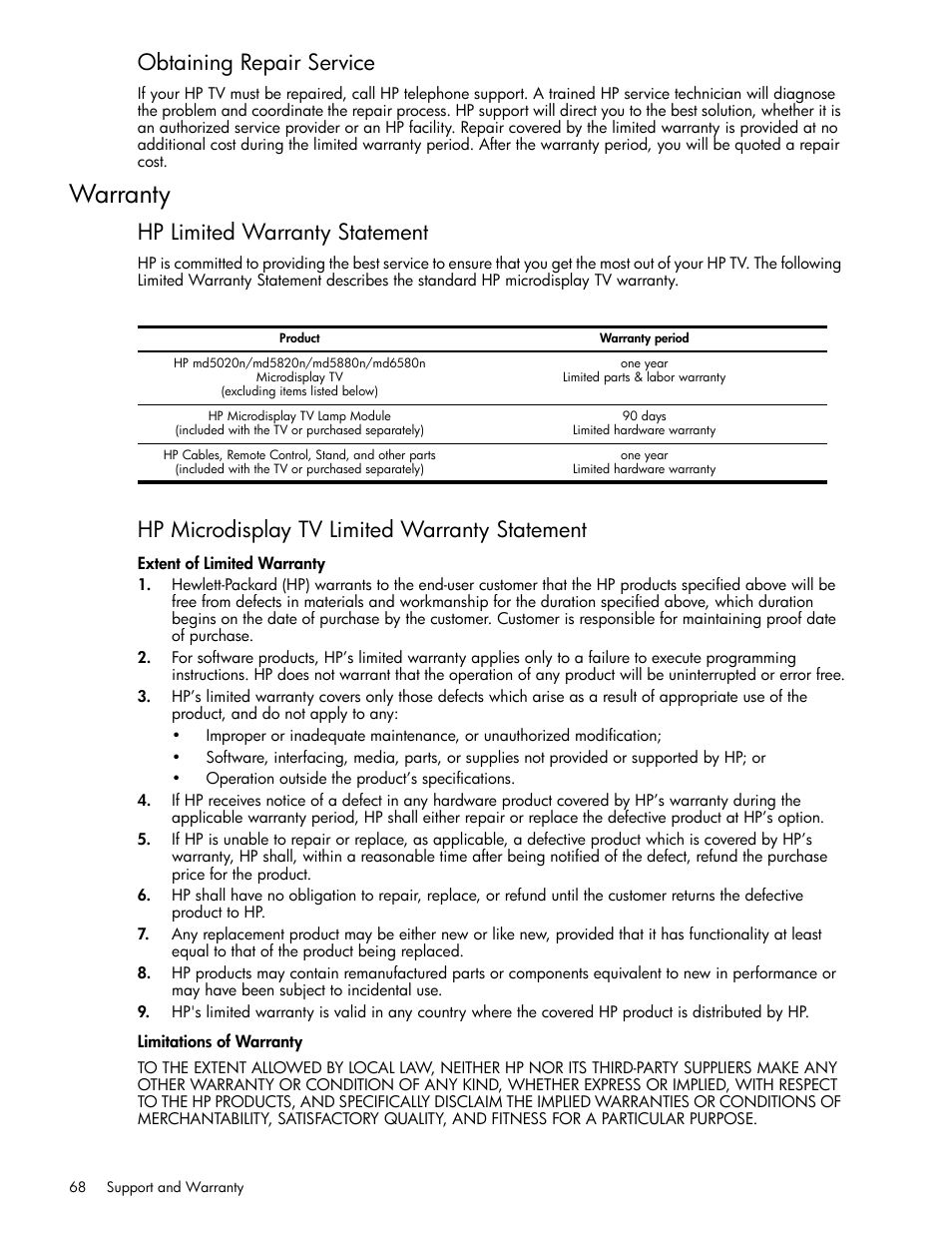 Obtaining repair service, Warranty, Hp limited warranty statement | Hp microdisplay tv limited warranty statement, Extent of limited warranty, Limitations of warranty | HP md5020n User Manual | Page 68 / 80