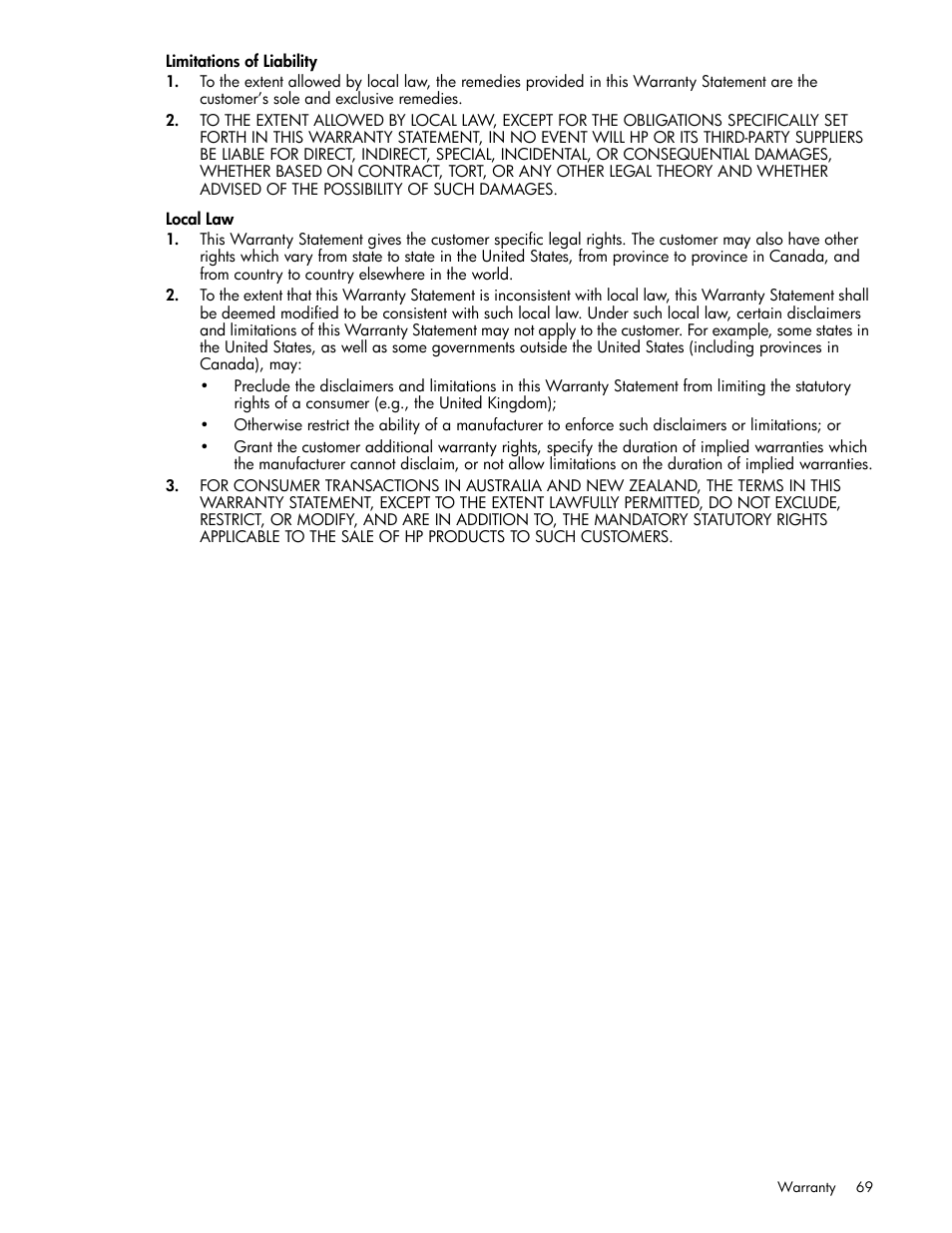 Limitations of liability, Local law | HP md5020n User Manual | Page 69 / 80