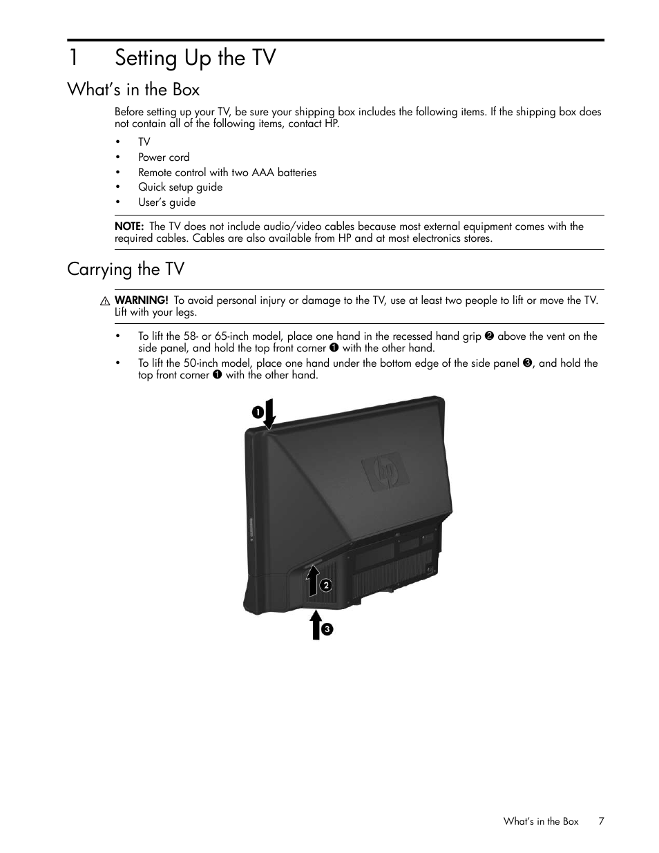 Setting up the tv, What’s in the box, Carrying the tv | 1 setting up the tv, 1setting up the tv | HP md5020n User Manual | Page 7 / 80