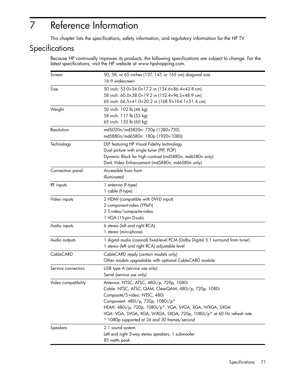 Reference information, Specifications, 7 reference information | 7reference information | HP md5020n User Manual | Page 71 / 80