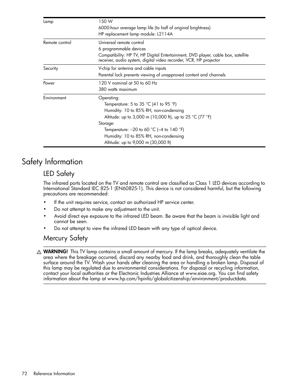 Safety information, Led safety, Mercury safety | HP md5020n User Manual | Page 72 / 80