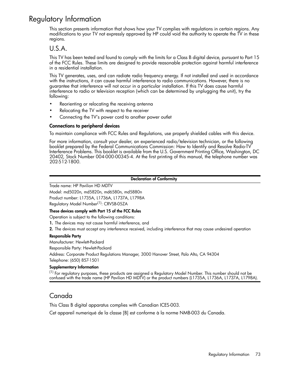 Regulatory information, U.s.a, Connections to peripheral devices | Canada | HP md5020n User Manual | Page 73 / 80