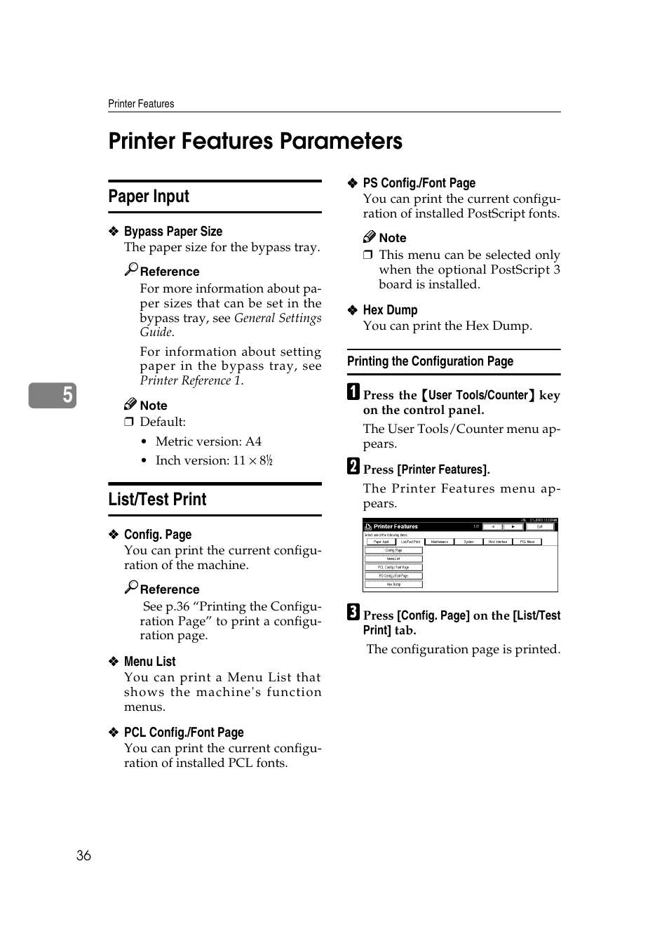 Printer features parameters, Paper input, List/test print | Paper input list/test print, 5printer features parameters | HP 2045 User Manual | Page 42 / 76