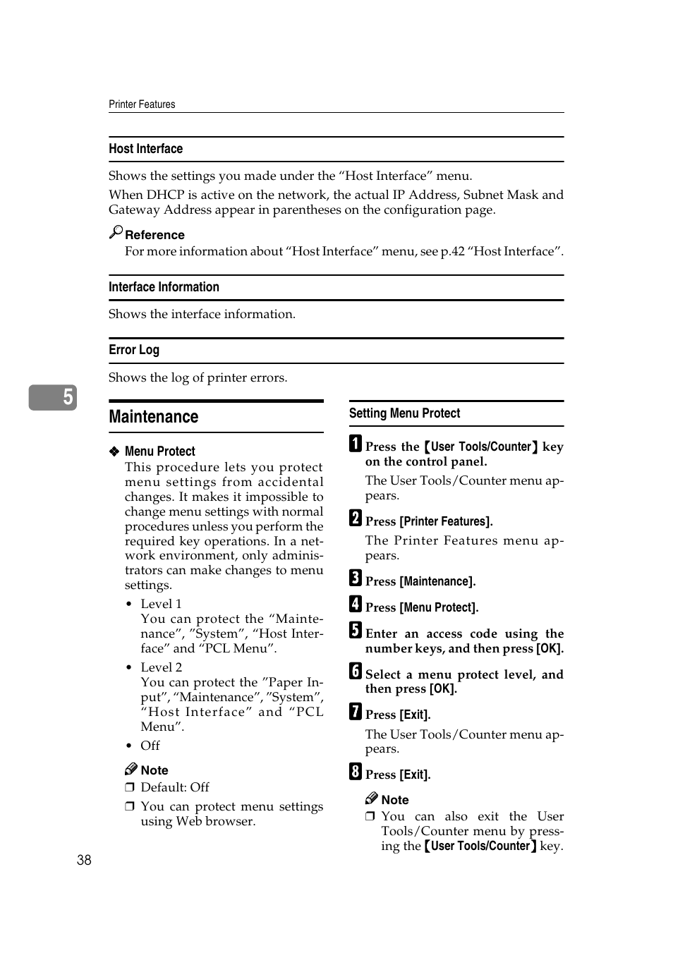 Host interface, Interface information, Error log | Maintenance, Setting menu protect | HP 2045 User Manual | Page 44 / 76