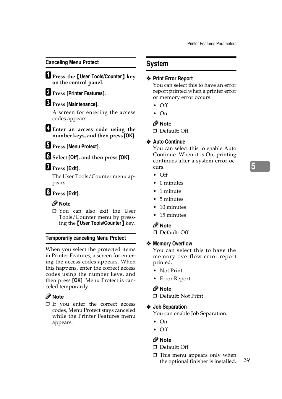 Canceling menu protect, Temporarily canceling menu protect, System | Ee p.39 “system | HP 2045 User Manual | Page 45 / 76