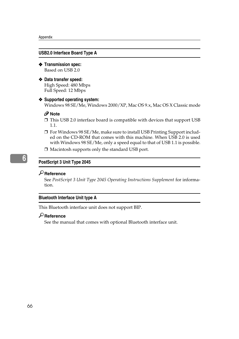 Usb2.0 interface board type a, Postscript 3 unit type 2045, Bluetooth interface unit type a | HP 2045 User Manual | Page 72 / 76