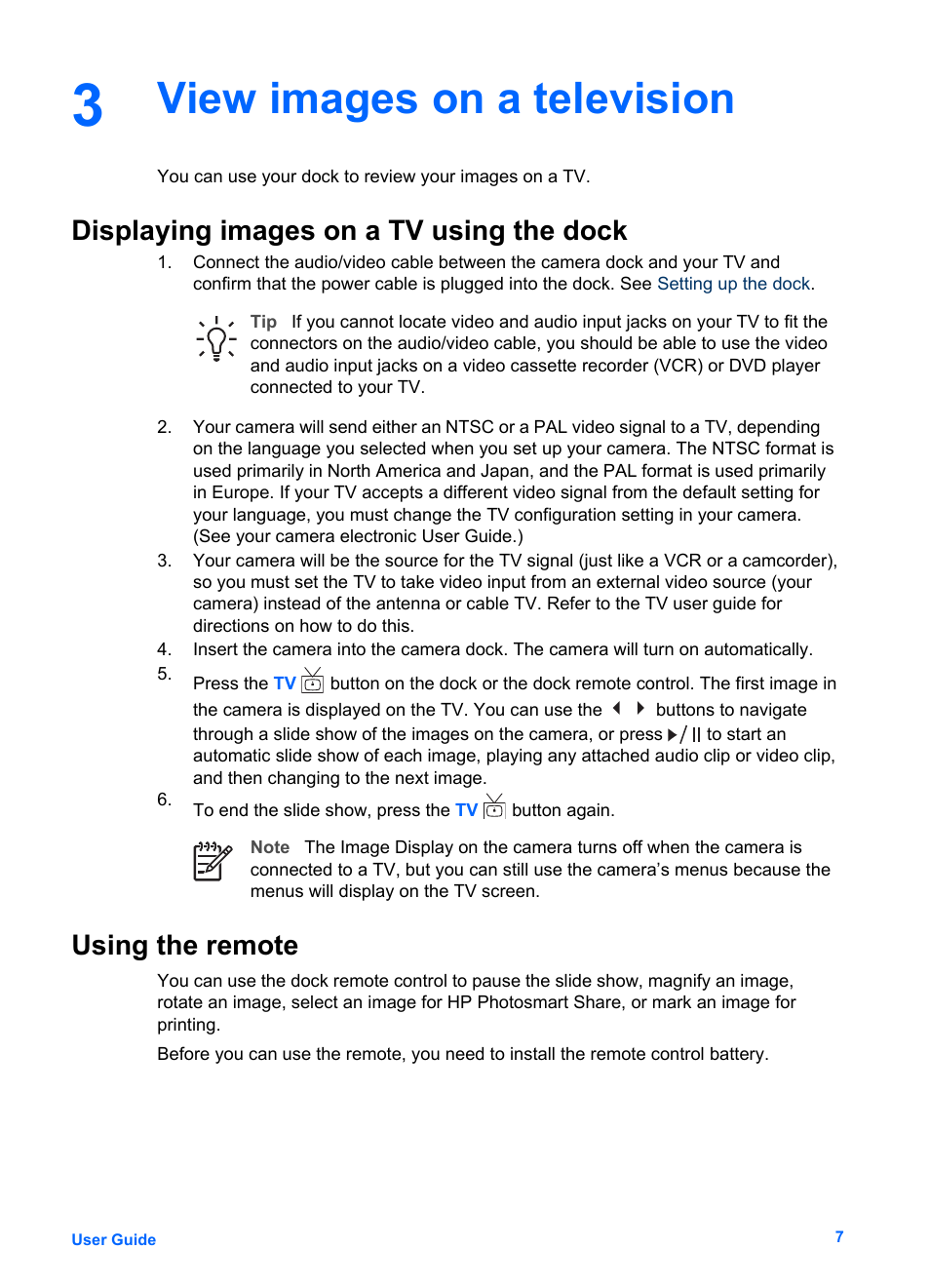 View images on a television, Displaying images on a tv using the dock, Using the remote | HP Photosmart 6221 User Manual | Page 10 / 19