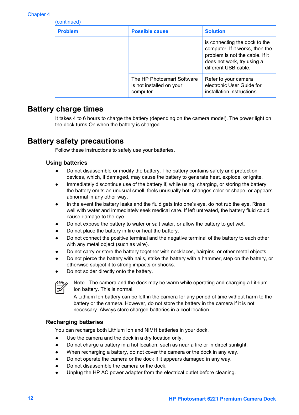 Battery charge times, Battery safety precautions, Using batteries | Recharging batteries, Recharging lithium ion batteries, Battery charge times battery safety precautions | HP Photosmart 6221 User Manual | Page 15 / 19