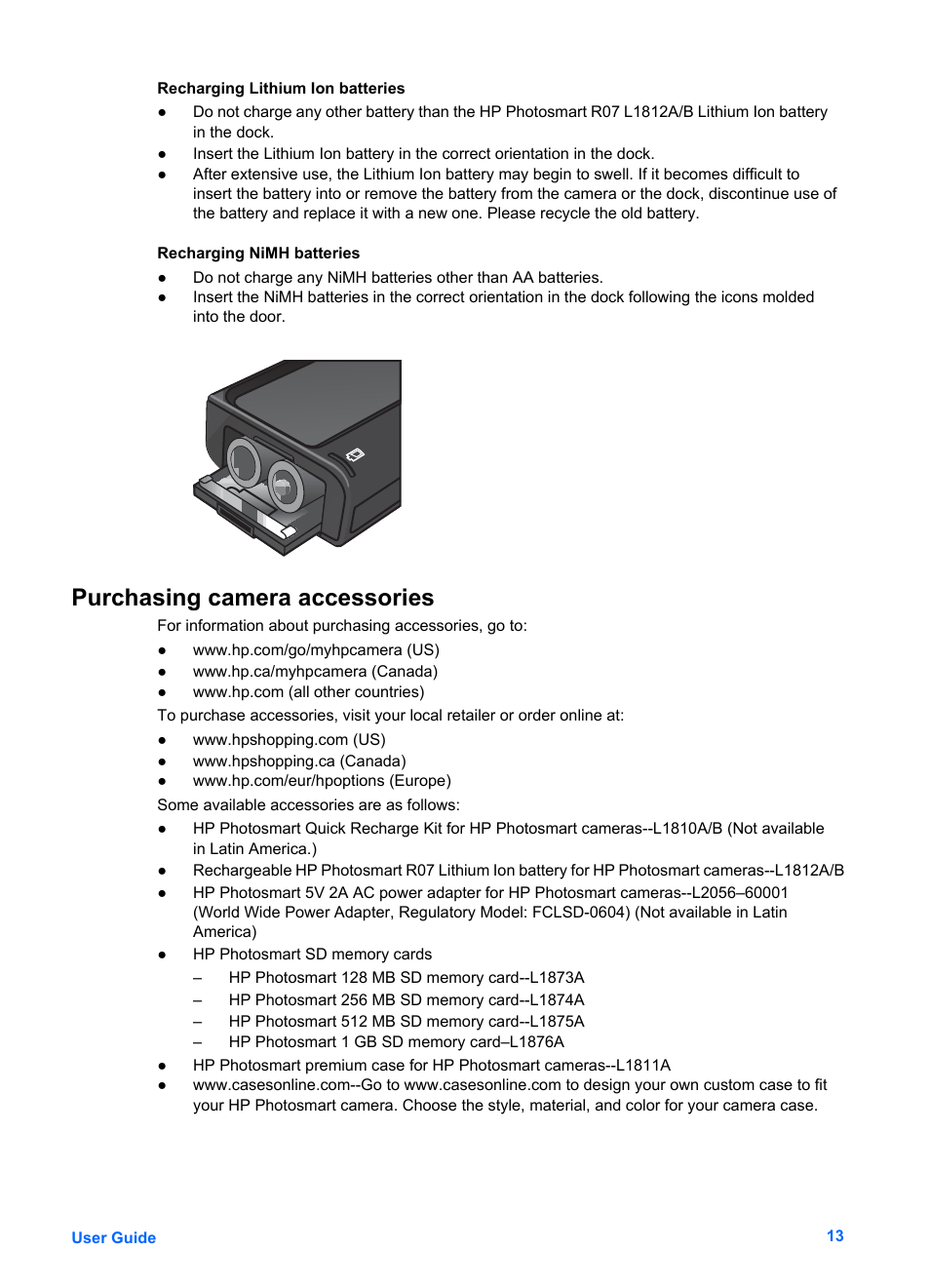 Recharging nimh batteries, Purchasing camera accessories | HP Photosmart 6221 User Manual | Page 16 / 19