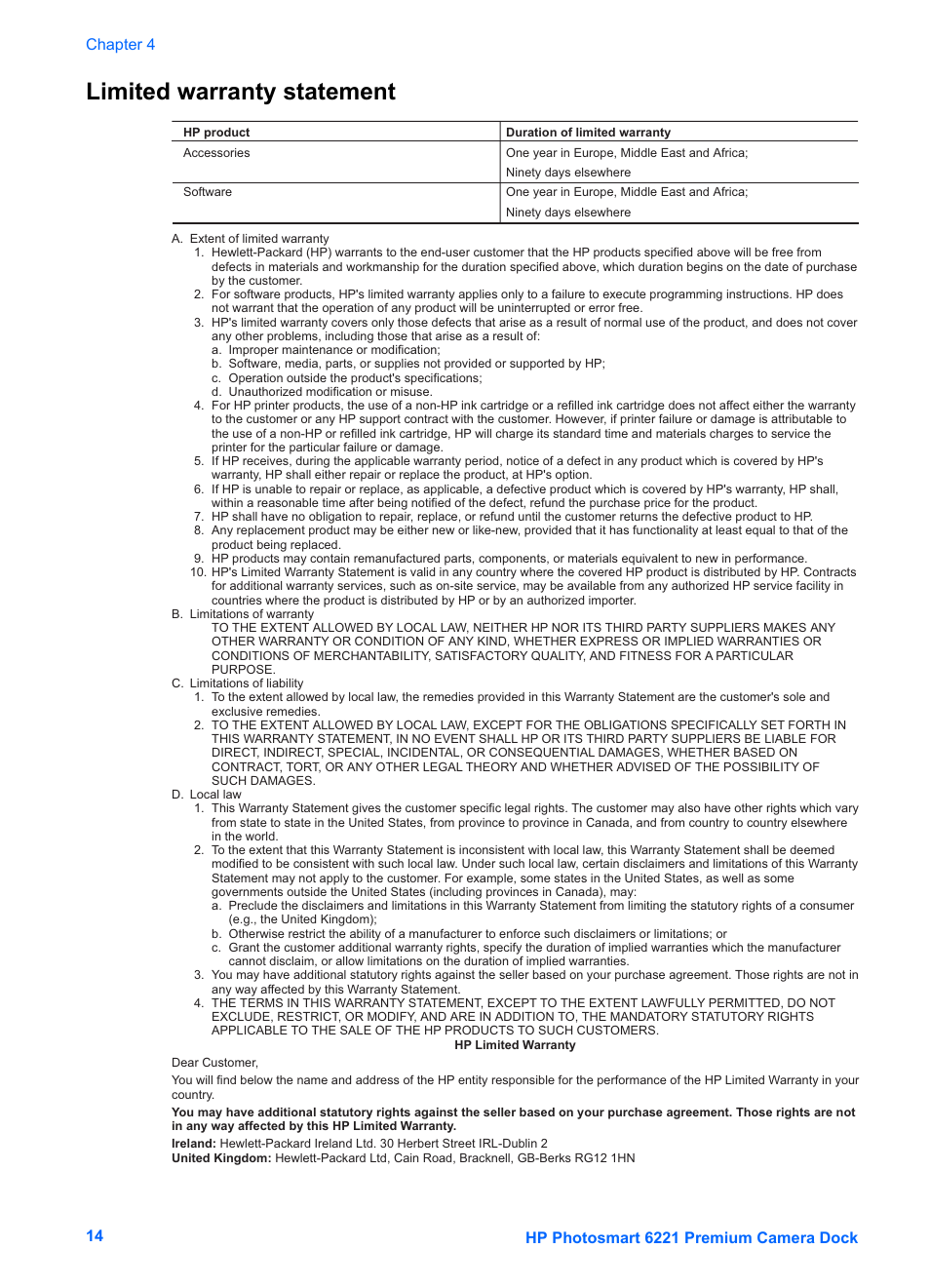 Limited warranty statement | HP Photosmart 6221 User Manual | Page 17 / 19