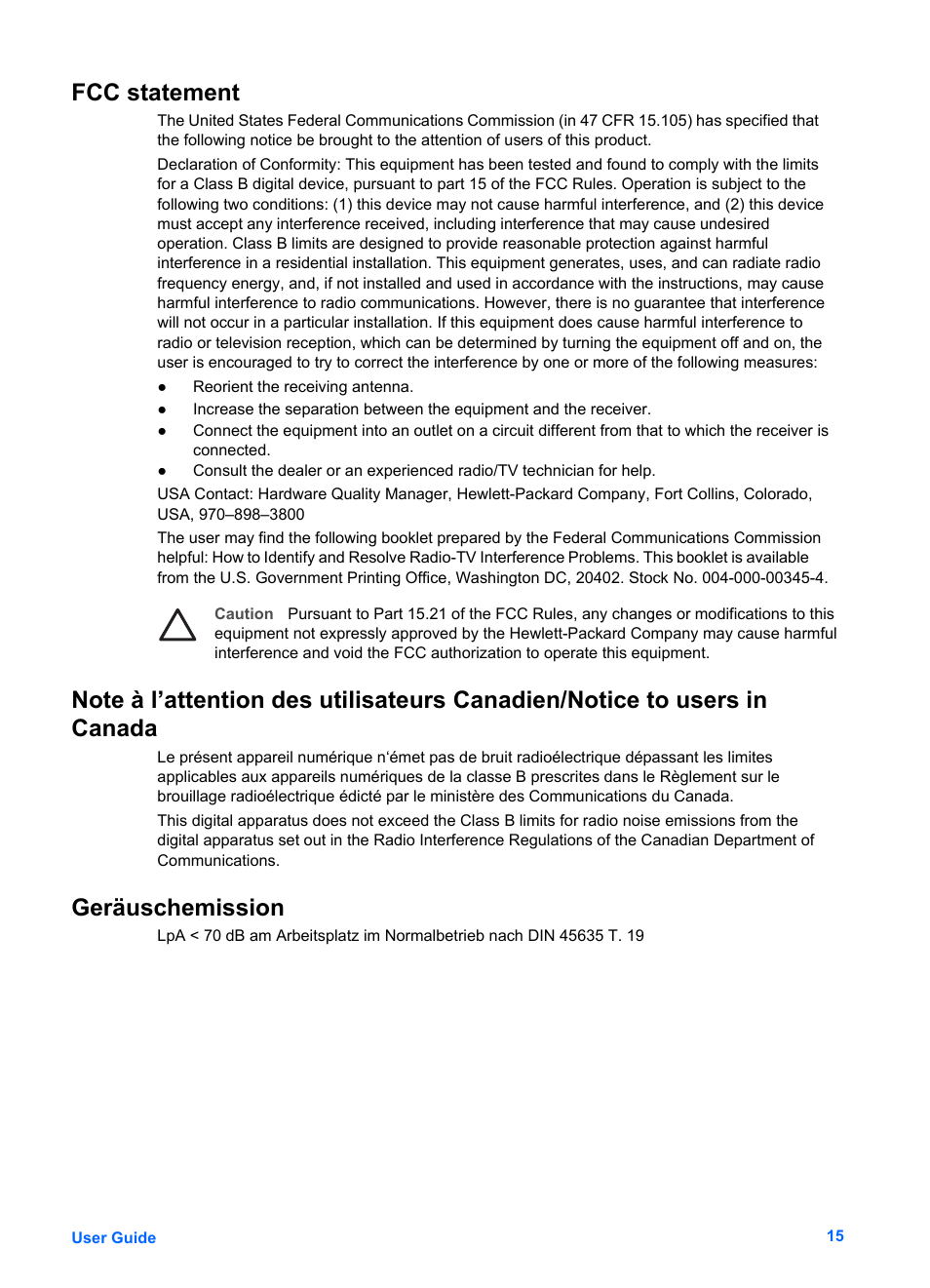 Fcc statement, Geräuschemission | HP Photosmart 6221 User Manual | Page 18 / 19