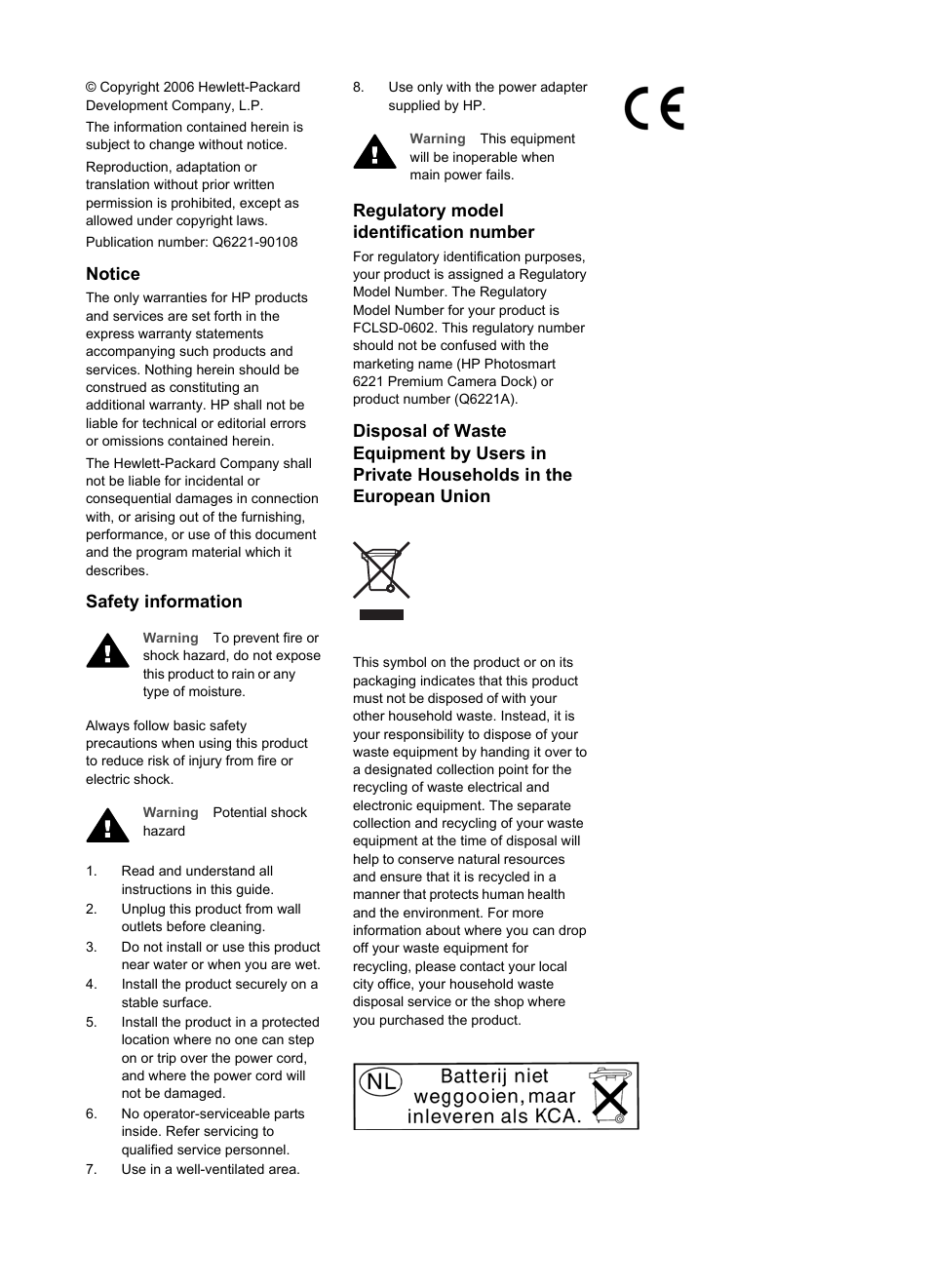 Notice, Safety information, Regulatory model identification number | HP Photosmart 6221 User Manual | Page 3 / 19