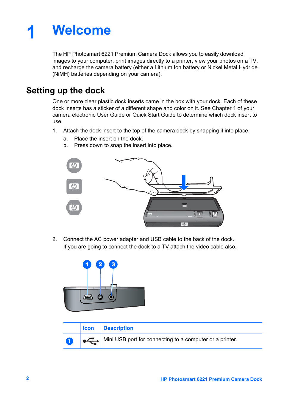 Welcome, Setting up the dock | HP Photosmart 6221 User Manual | Page 5 / 19