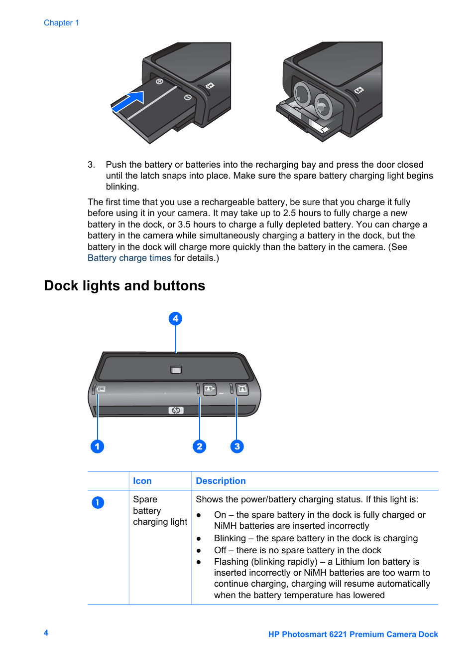 Dock lights and buttons | HP Photosmart 6221 User Manual | Page 7 / 19