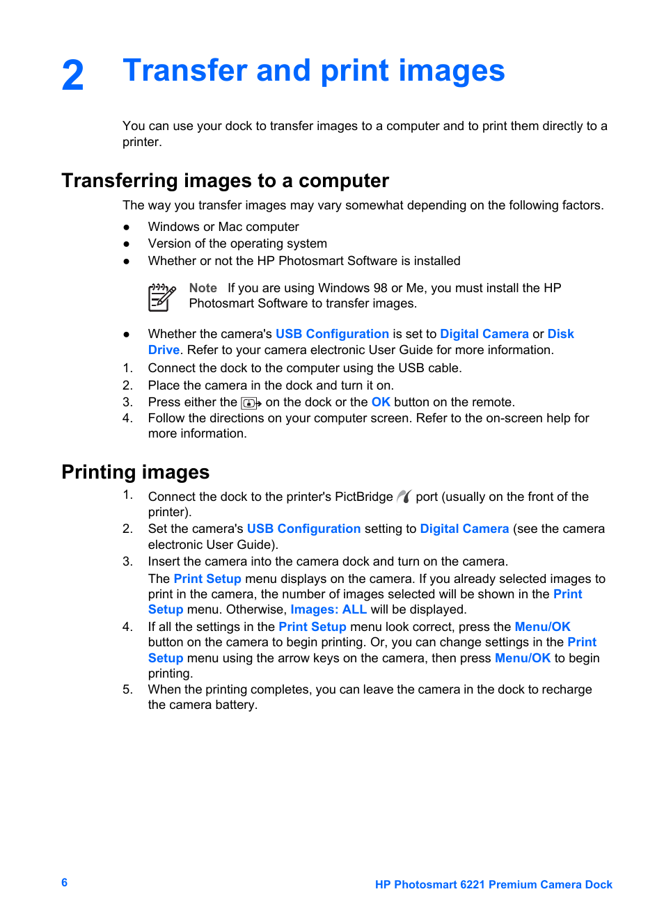 Transfer and print images, Transferring images to a computer, Printing images | Transferring images to a computer printing images | HP Photosmart 6221 User Manual | Page 9 / 19