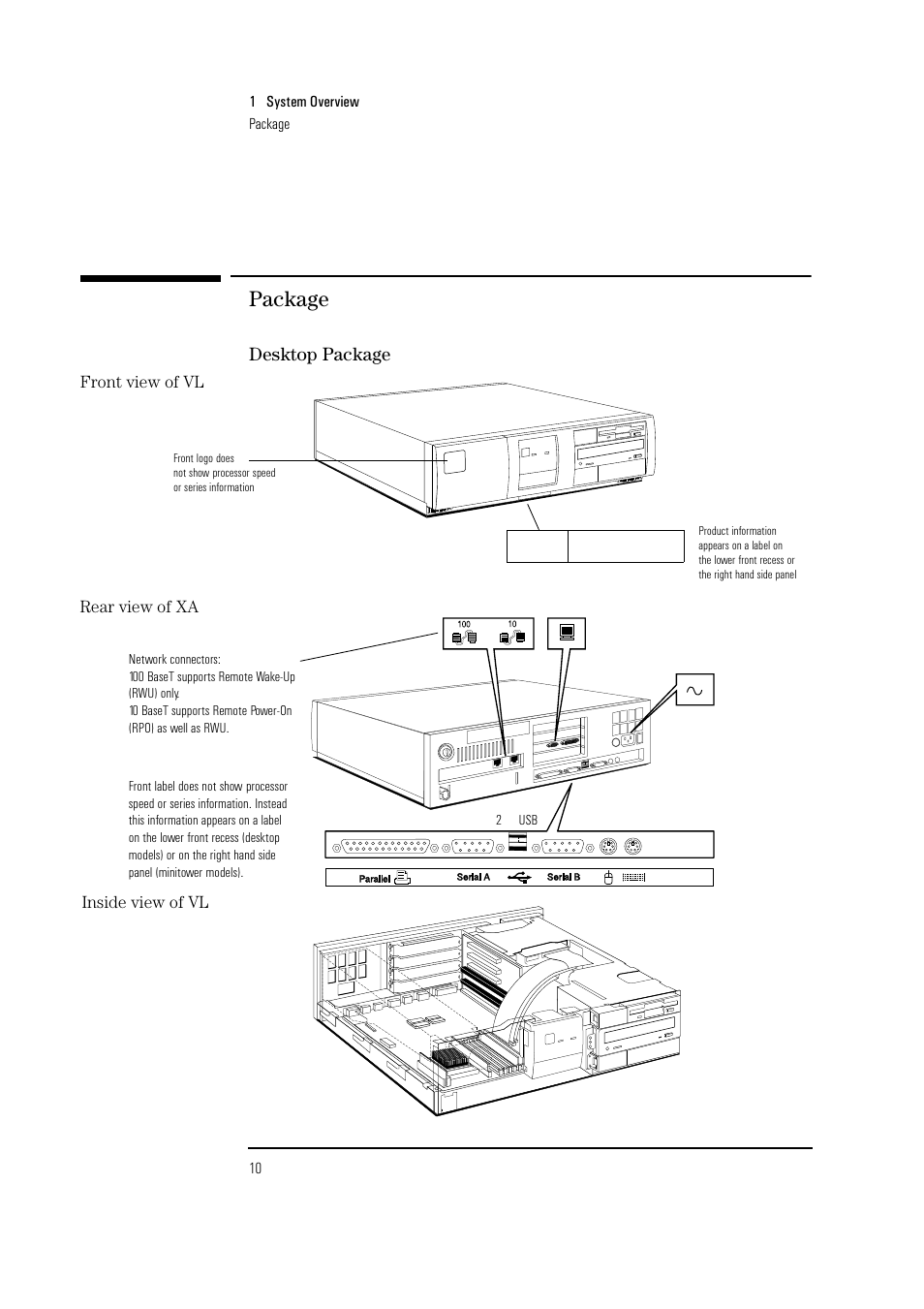 Package, Desktop package, Front view of vl rear view of xa | Inside view of vl | HP Vectra VL 5/xxx Series 5 User Manual | Page 10 / 90