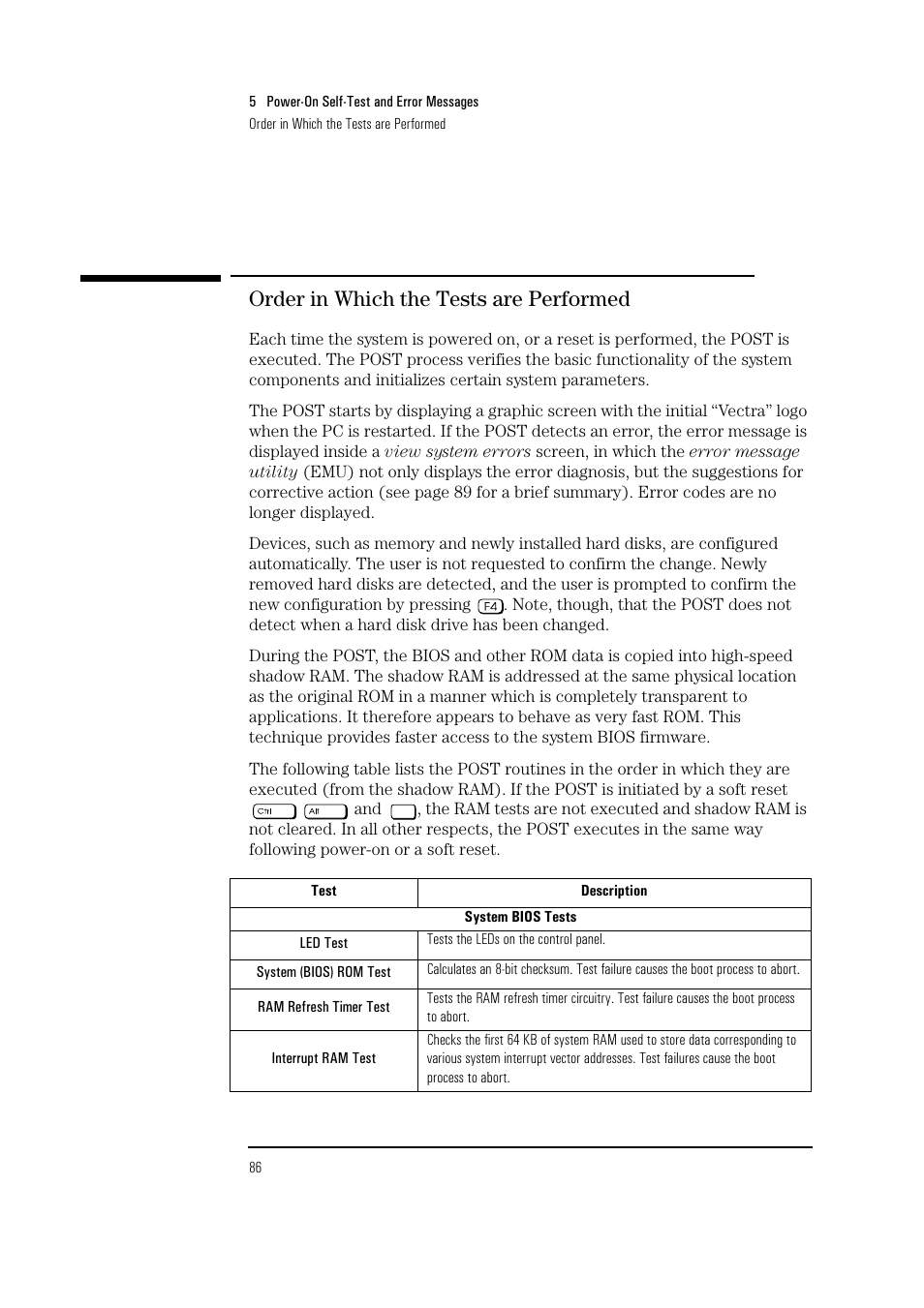 Order in which the tests are performed | HP Vectra VL 5/xxx Series 5 User Manual | Page 86 / 90