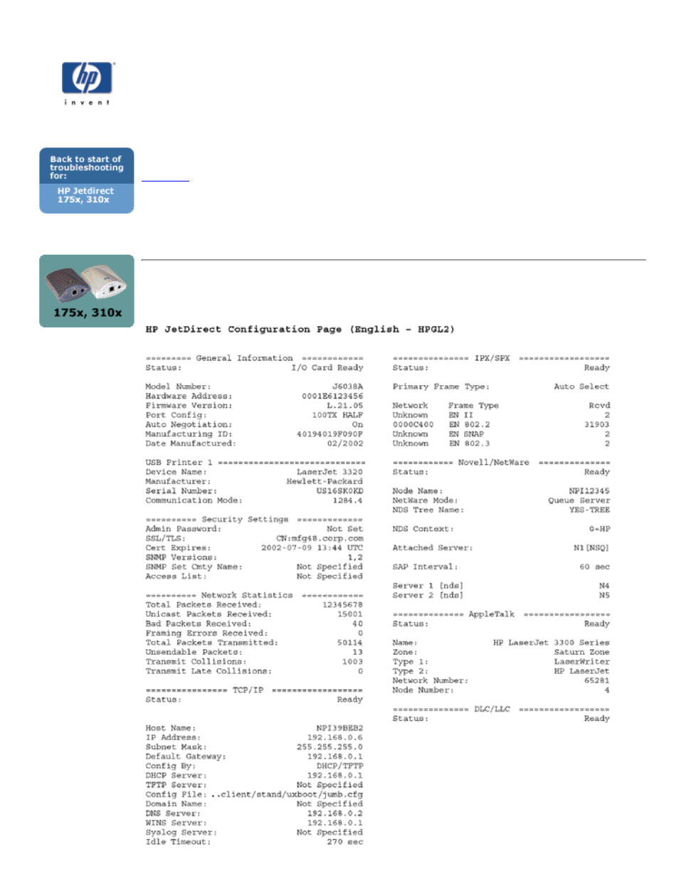 Or on a label attached to, Interpreting the configuration, Interpreting the configuration page | HP 310X User Manual | Page 114 / 202