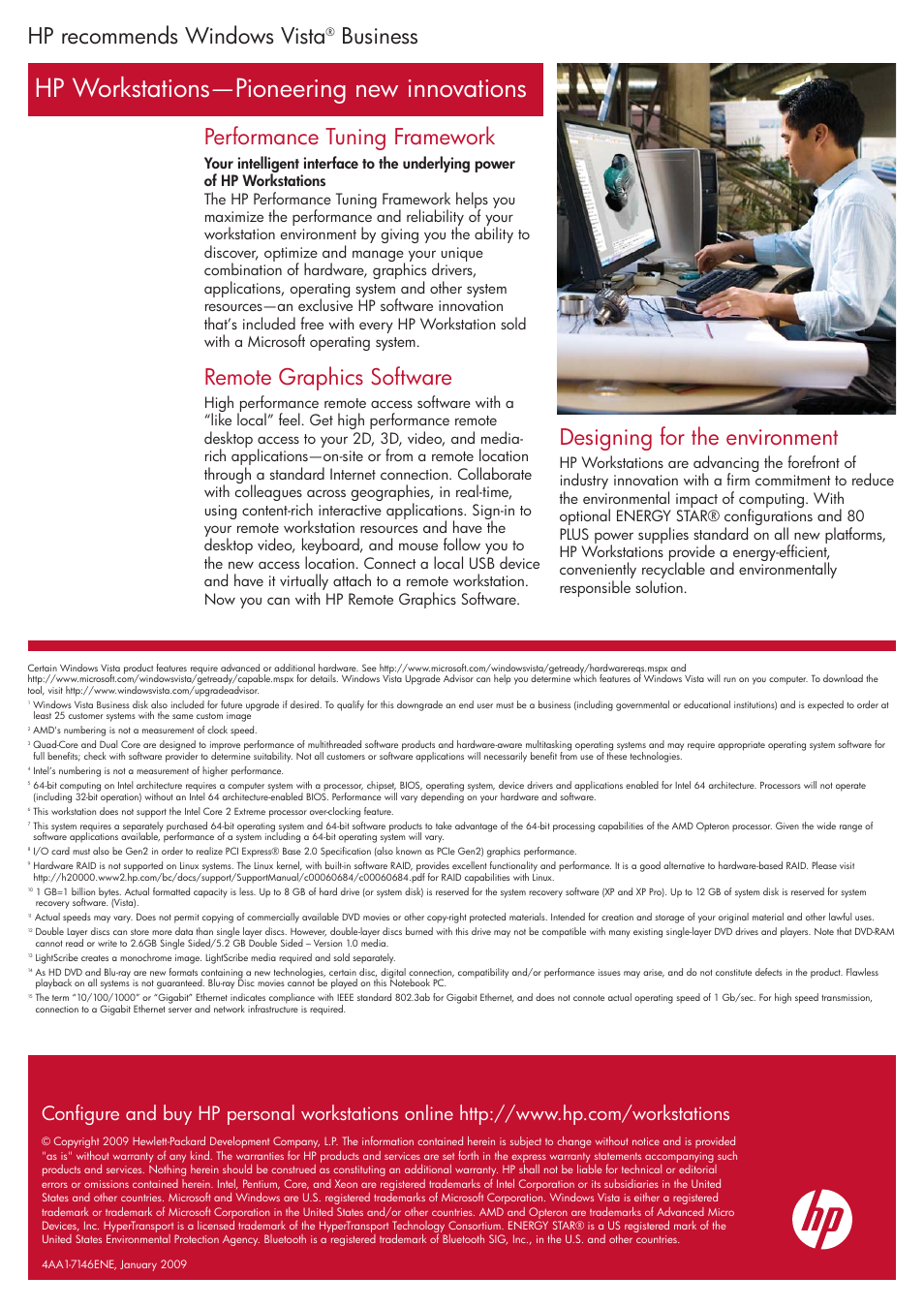 Hp workstations—pioneering new innovations, Performance tuning framework, Remote graphics software | Designing for the environment, Hp recommends windows vista, Business | HP Workstations User Manual | Page 4 / 4