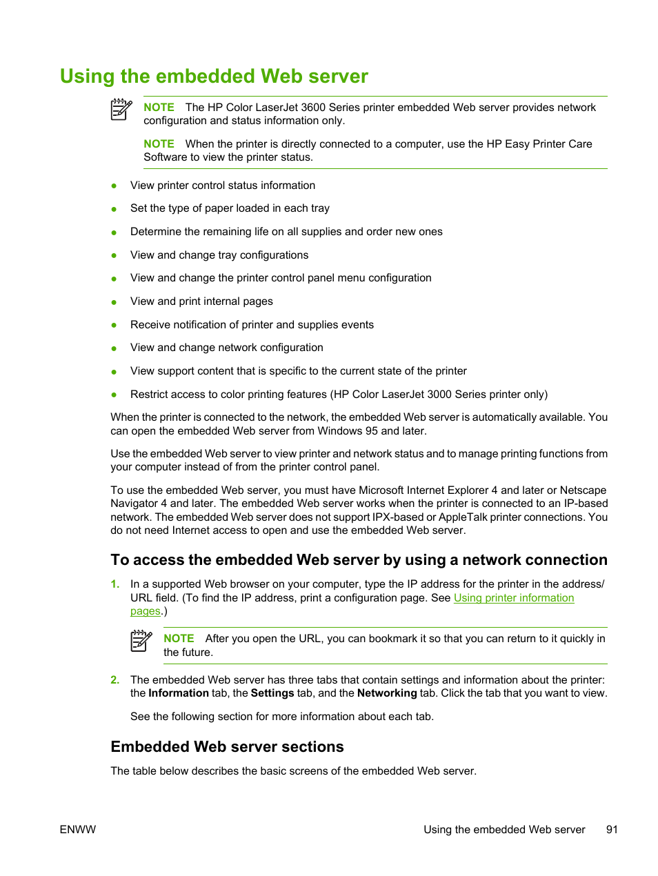 Using the embedded web server, Embedded web server sections, Using | The embedded web server | HP 3800 User Manual | Page 105 / 226
