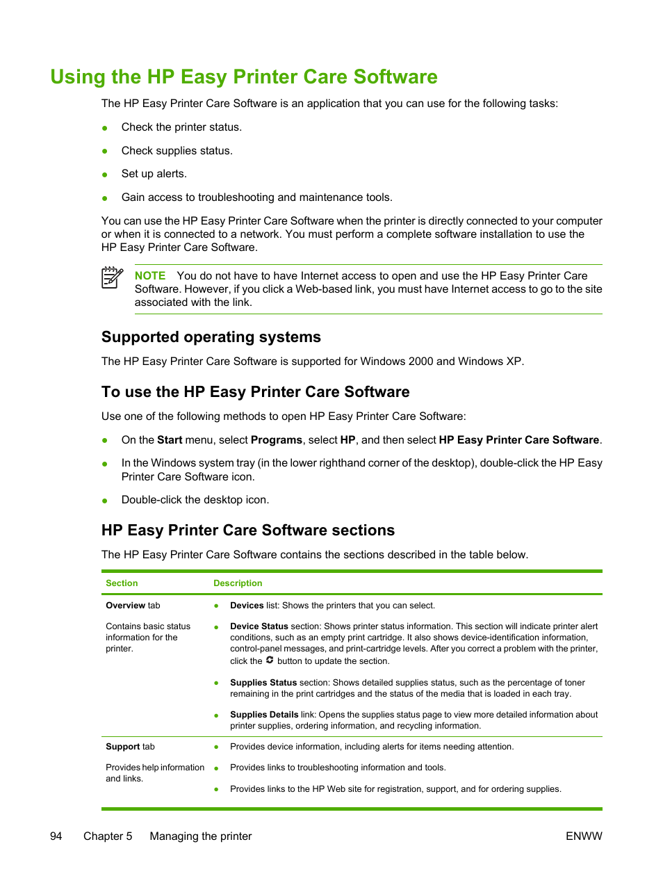 Using the hp easy printer care software, Supported operating systems, To use the hp easy printer care software | Hp easy printer care software sections | HP 3800 User Manual | Page 108 / 226