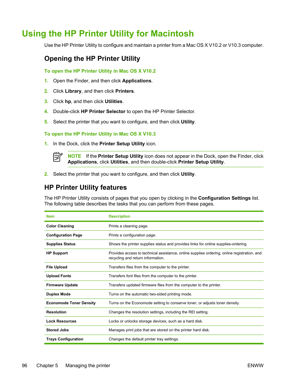 Using the hp printer utility for macintosh, Opening the hp printer utility, Hp printer utility features | HP 3800 User Manual | Page 110 / 226