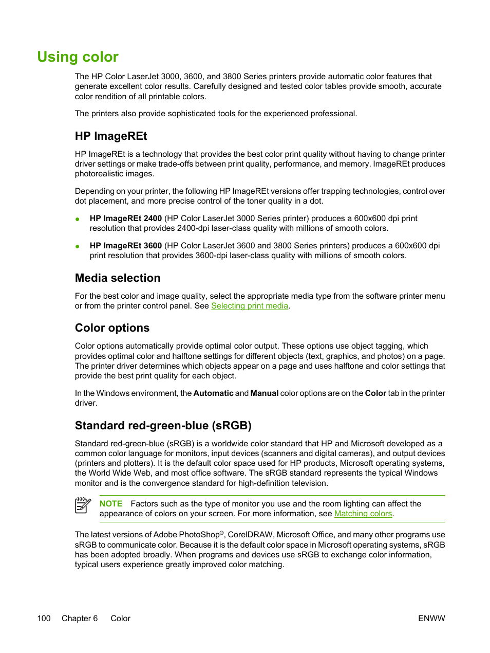 Using color, Hp imageret, Media selection | Color options, Standard red-green-blue (srgb) | HP 3800 User Manual | Page 114 / 226