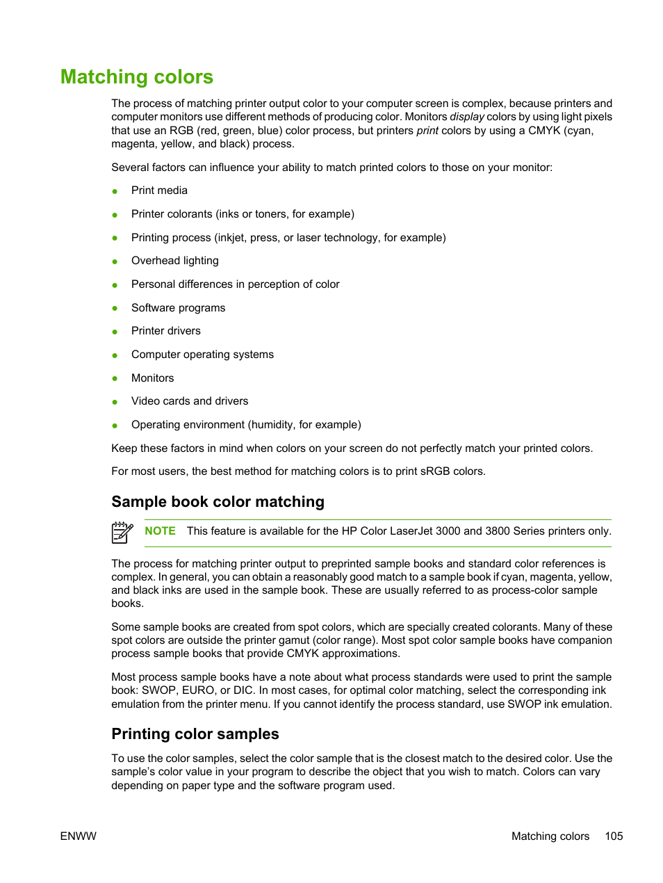 Matching colors, Sample book color matching, Printing color samples | Sample book color matching printing color samples | HP 3800 User Manual | Page 119 / 226