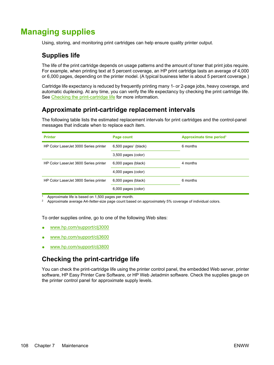 Managing supplies, Supplies life, Approximate print-cartridge replacement intervals | Checking the print-cartridge life | HP 3800 User Manual | Page 122 / 226