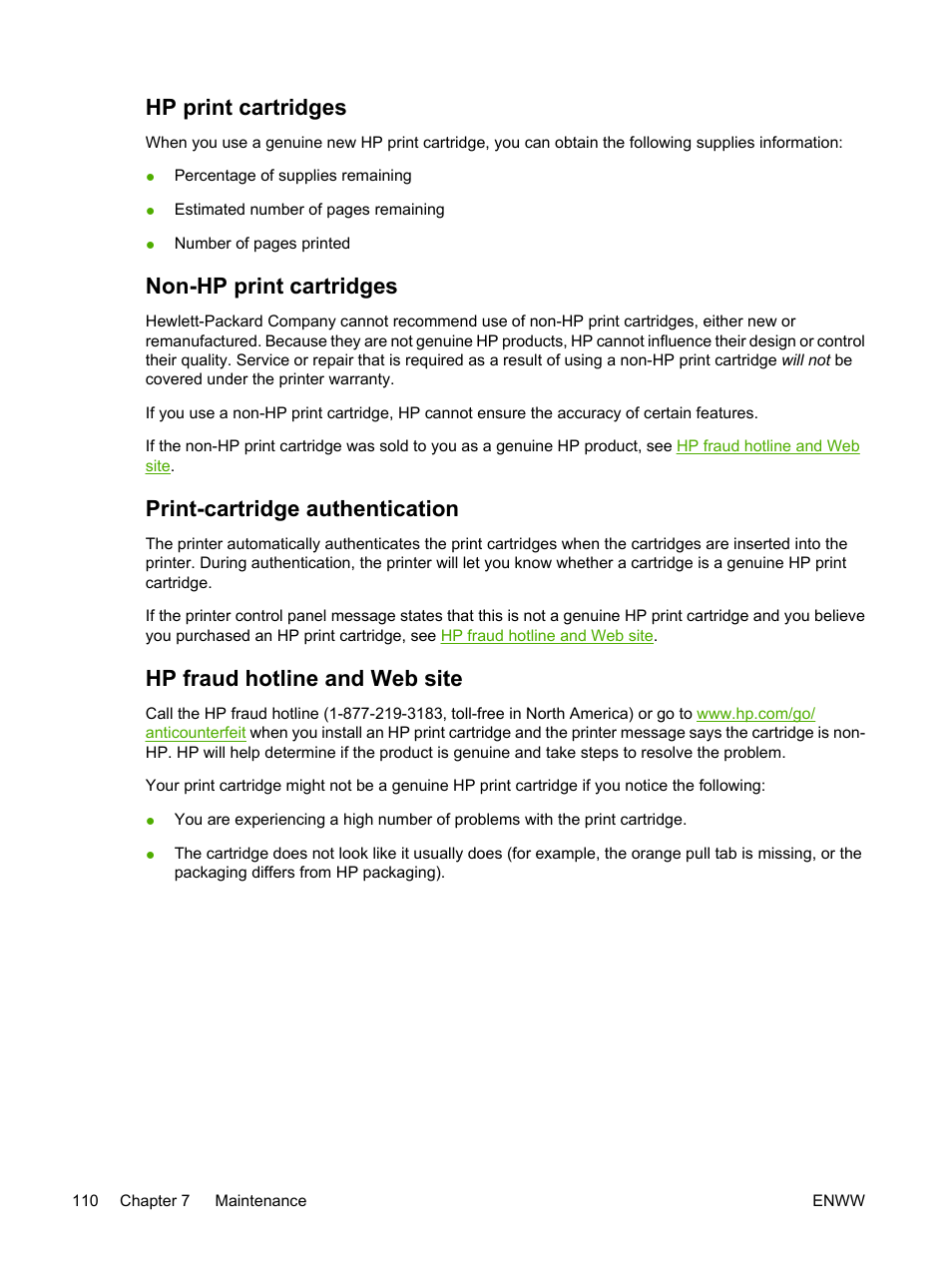 Hp print cartridges, Non-hp print cartridges, Print-cartridge authentication | Hp fraud hotline and web site, Mation, see | HP 3800 User Manual | Page 124 / 226