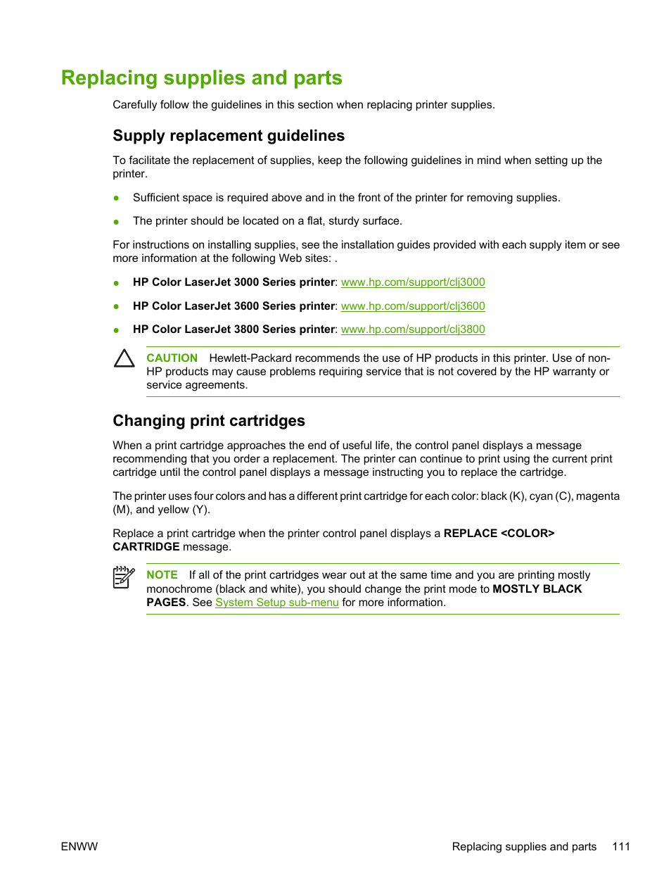 Replacing supplies and parts, Supply replacement guidelines, Changing print cartridges | HP 3800 User Manual | Page 125 / 226