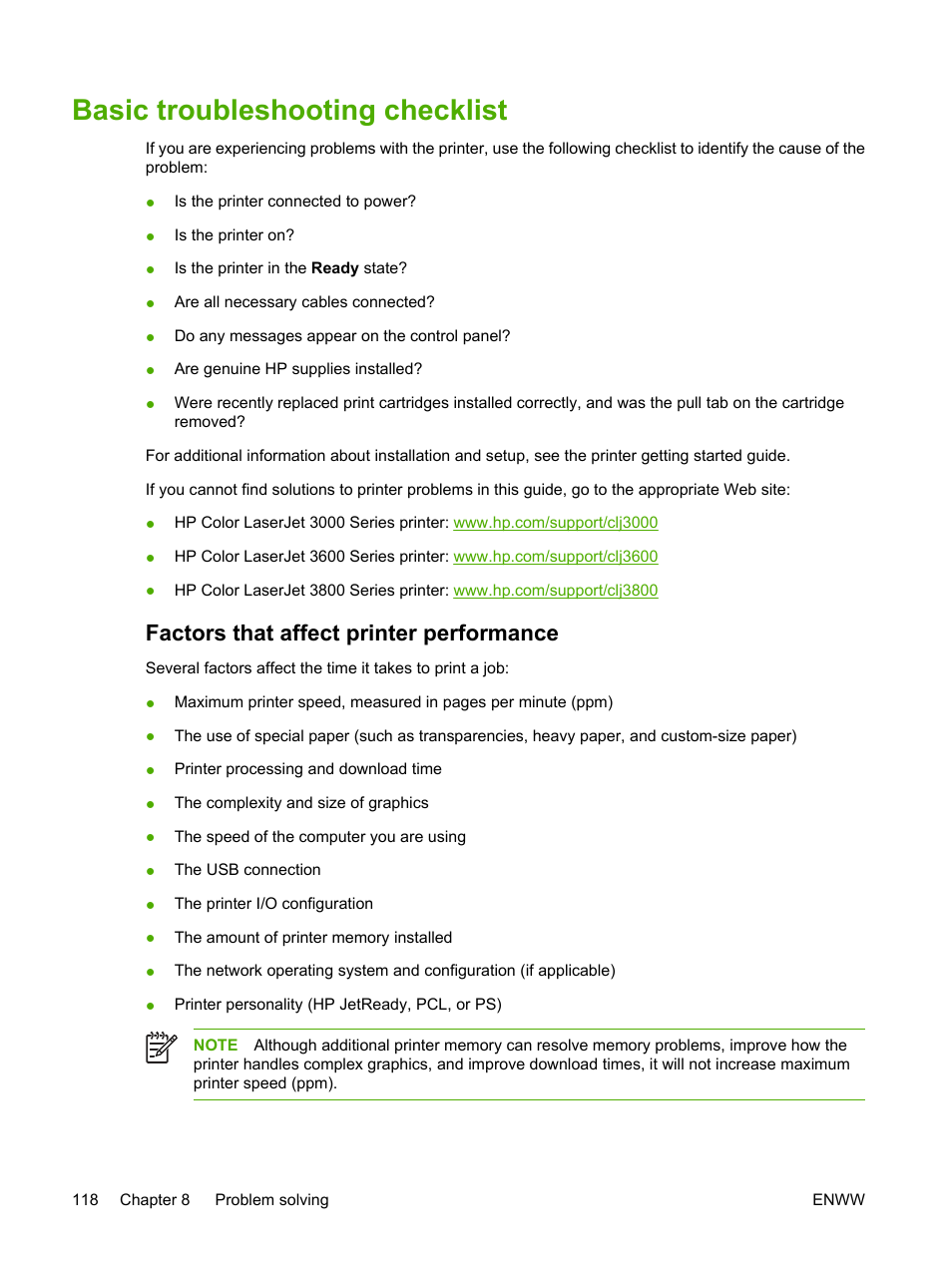 Basic troubleshooting checklist, Factors that affect printer performance | HP 3800 User Manual | Page 132 / 226