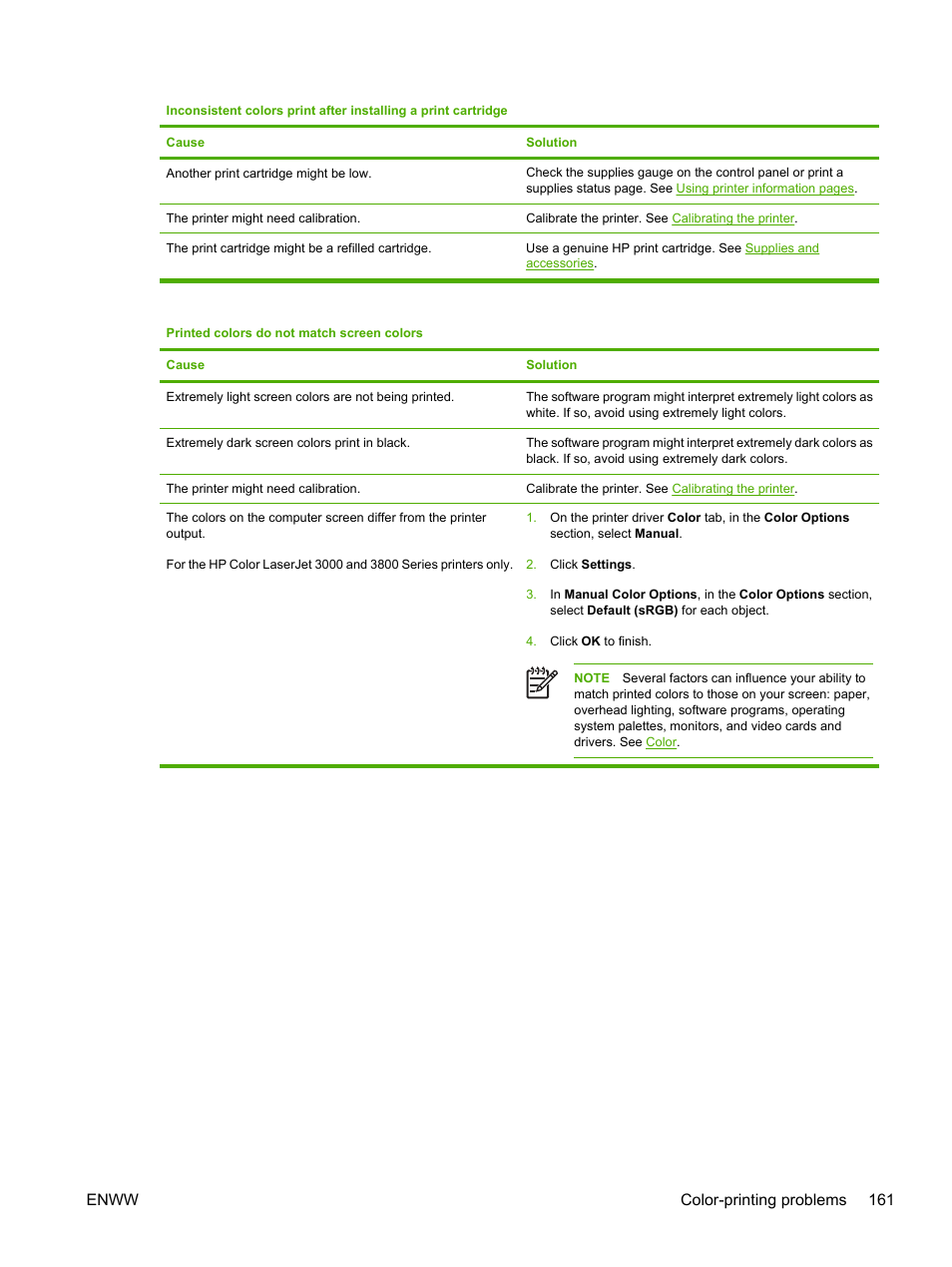 Enww color-printing problems 161 | HP 3800 User Manual | Page 175 / 226