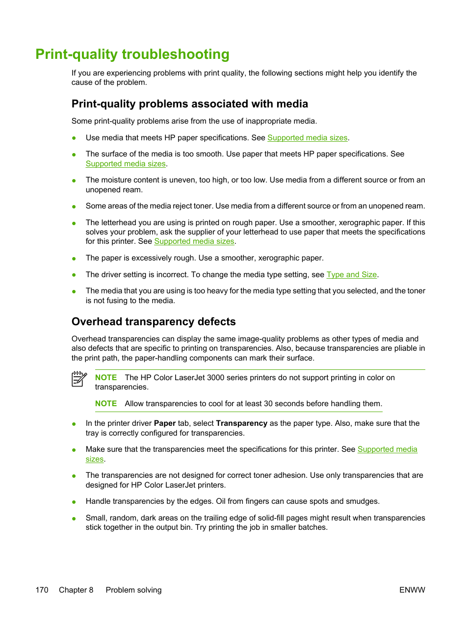 Print-quality troubleshooting, Print-quality problems associated with media, Overhead transparency defects | HP 3800 User Manual | Page 184 / 226