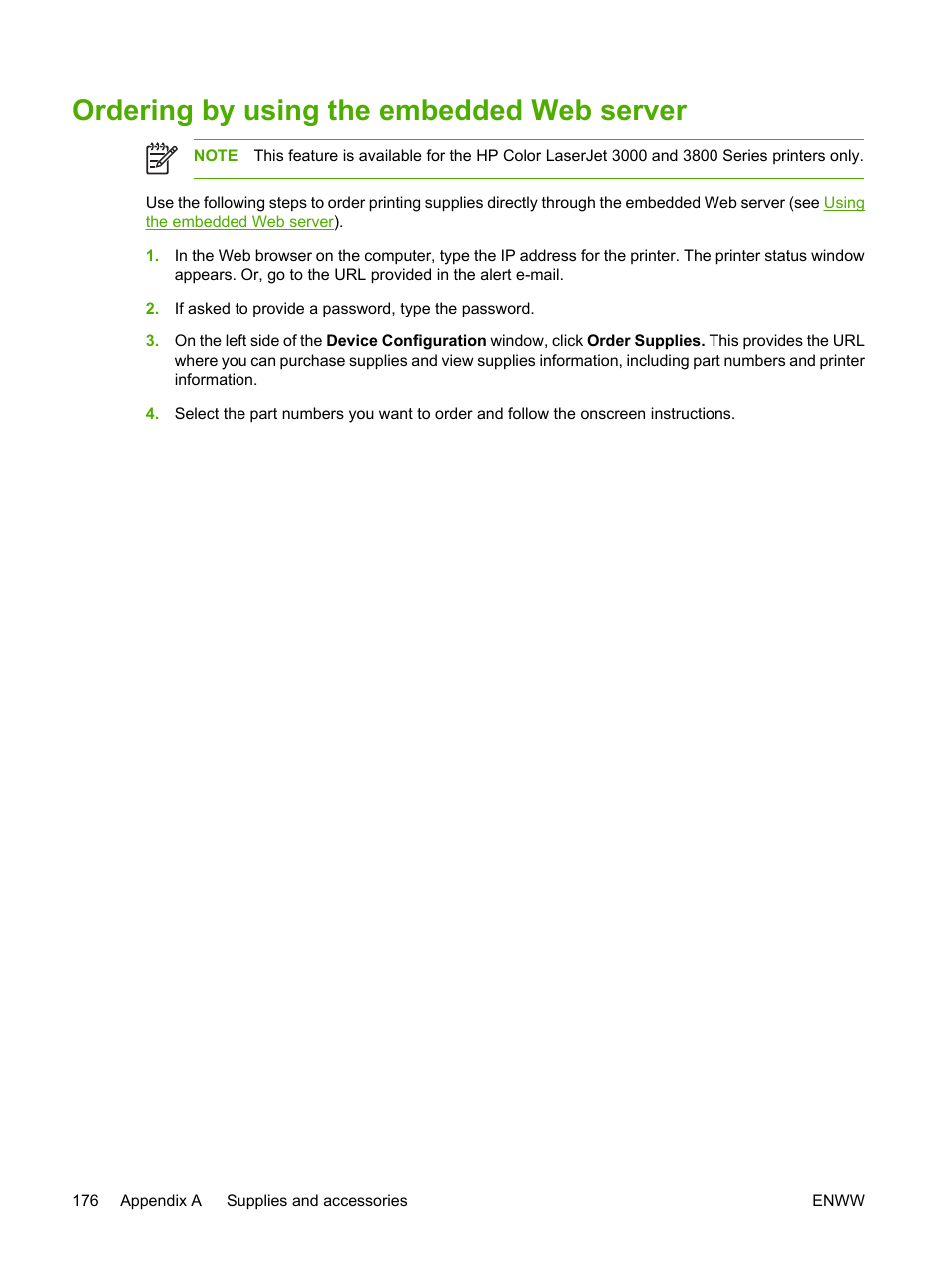 Ordering by using the embedded web server | HP 3800 User Manual | Page 190 / 226