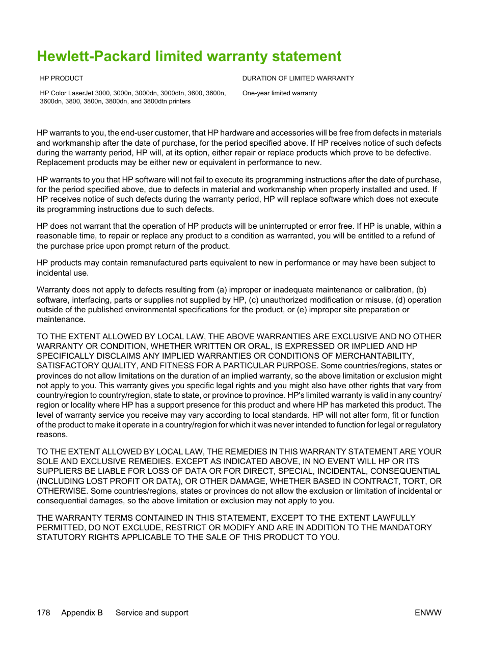 Hewlett-packard limited warranty statement | HP 3800 User Manual | Page 192 / 226