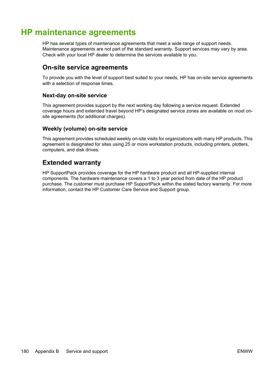 Hp maintenance agreements, On-site service agreements, Next-day on-site service | Weekly (volume) on-site service, Extended warranty | HP 3800 User Manual | Page 194 / 226