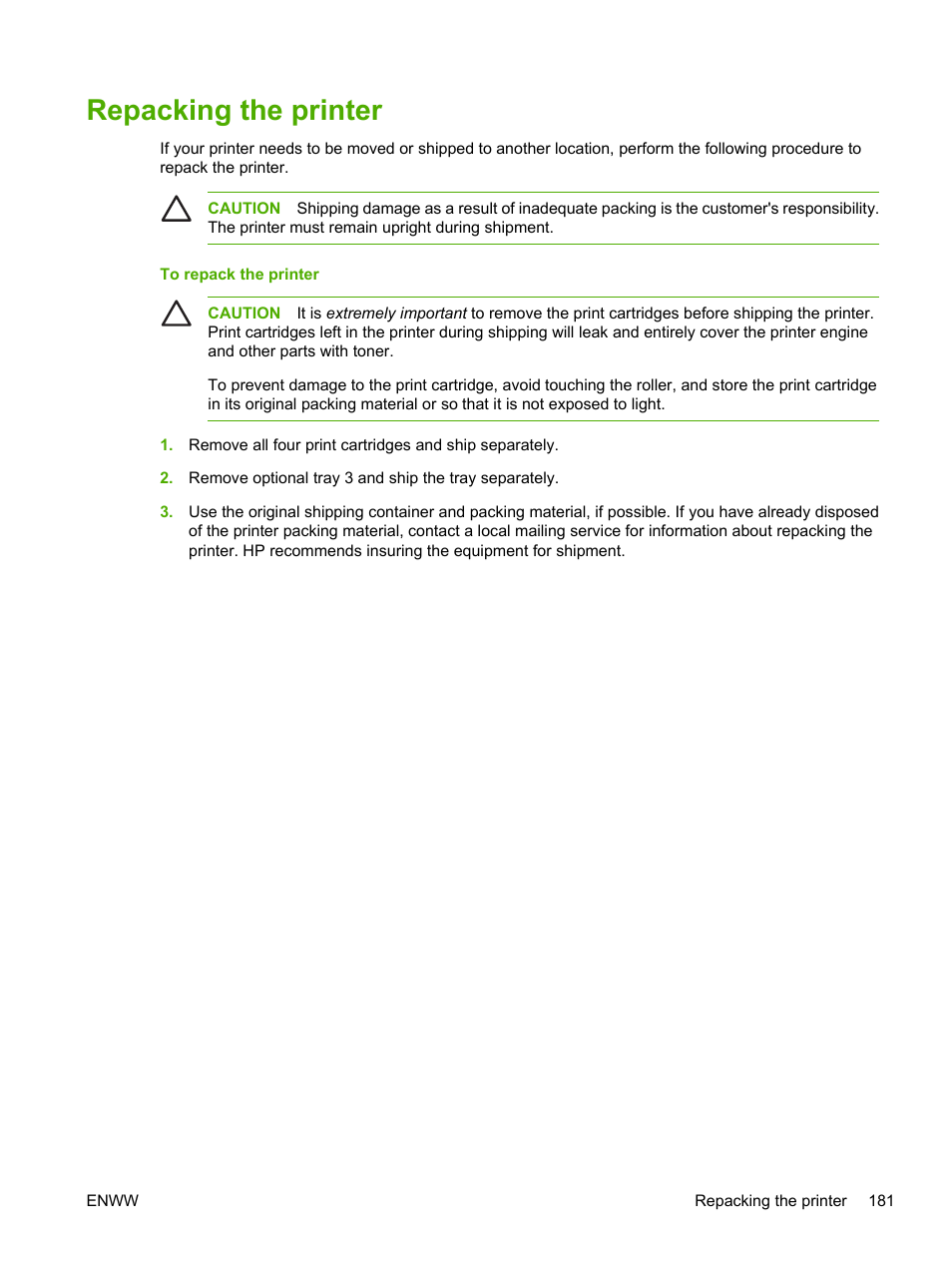 Repacking the printer | HP 3800 User Manual | Page 195 / 226