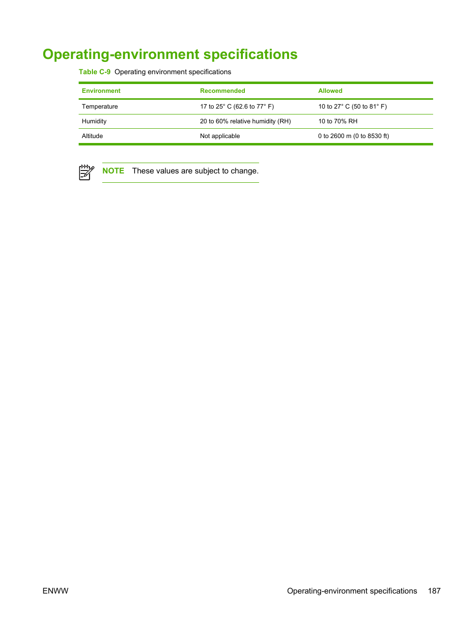 Operating-environment specifications | HP 3800 User Manual | Page 201 / 226