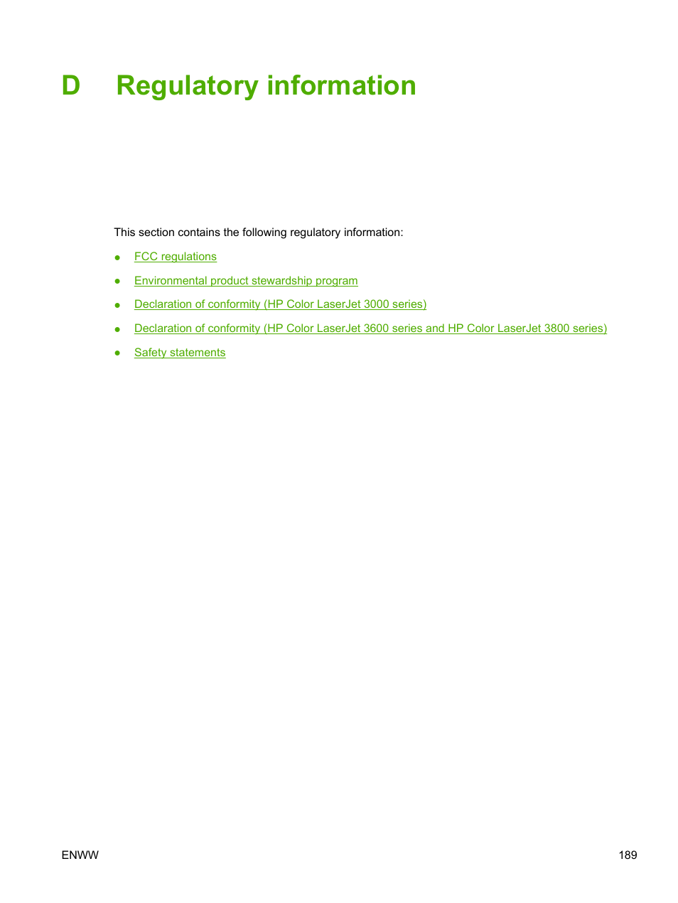 Regulatory information, Appendix d regulatory information, Dregulatory information | HP 3800 User Manual | Page 203 / 226