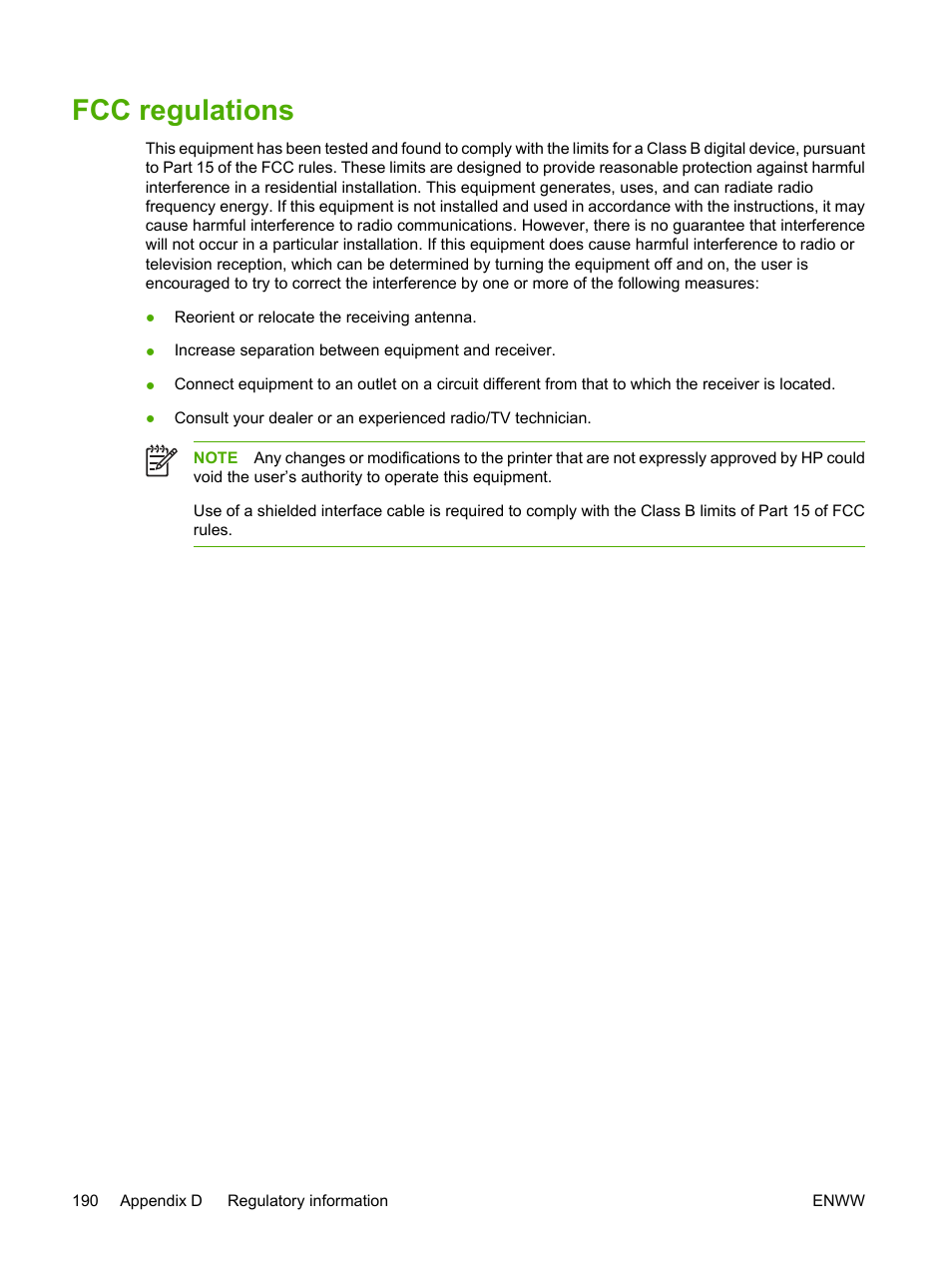 Fcc regulations | HP 3800 User Manual | Page 204 / 226