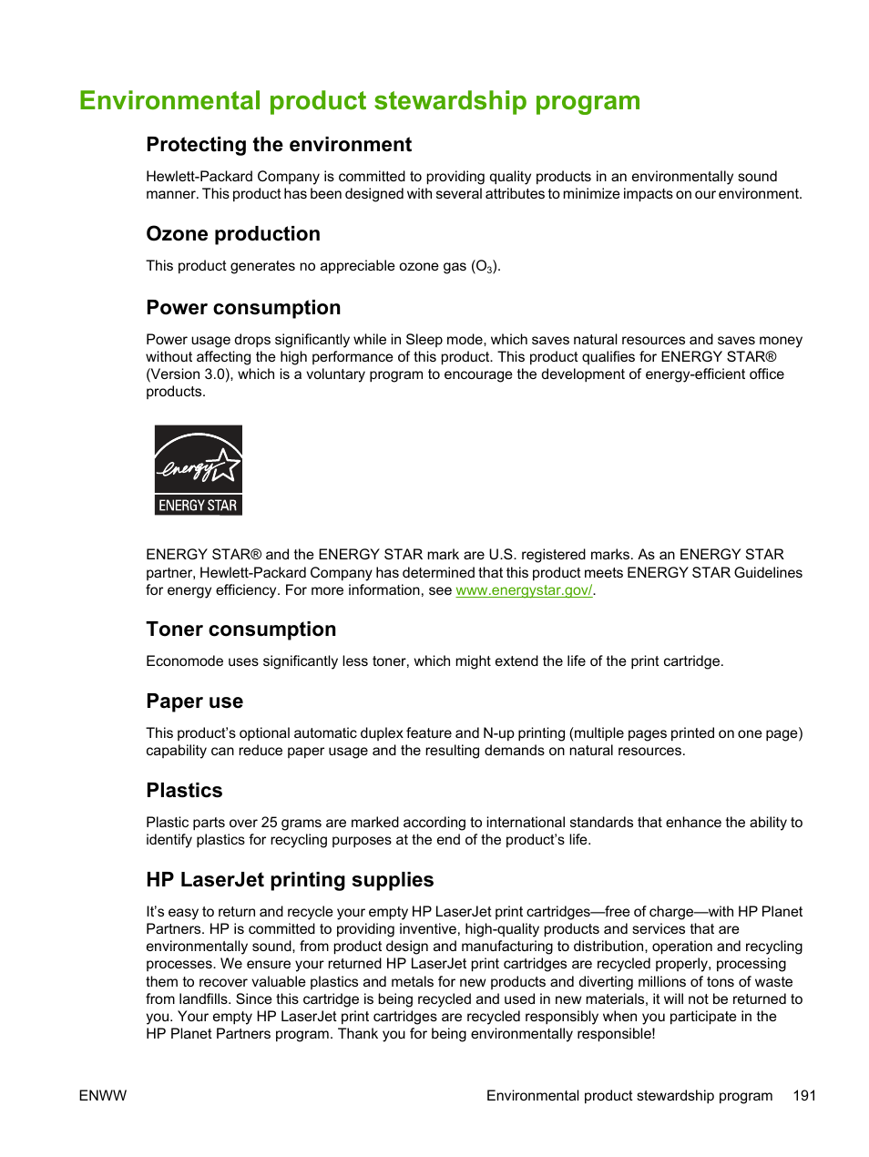 Environmental product stewardship program, Protecting the environment, Ozone production | Power consumption, Toner consumption, Paper use, Plastics, Hp laserjet printing supplies | HP 3800 User Manual | Page 205 / 226