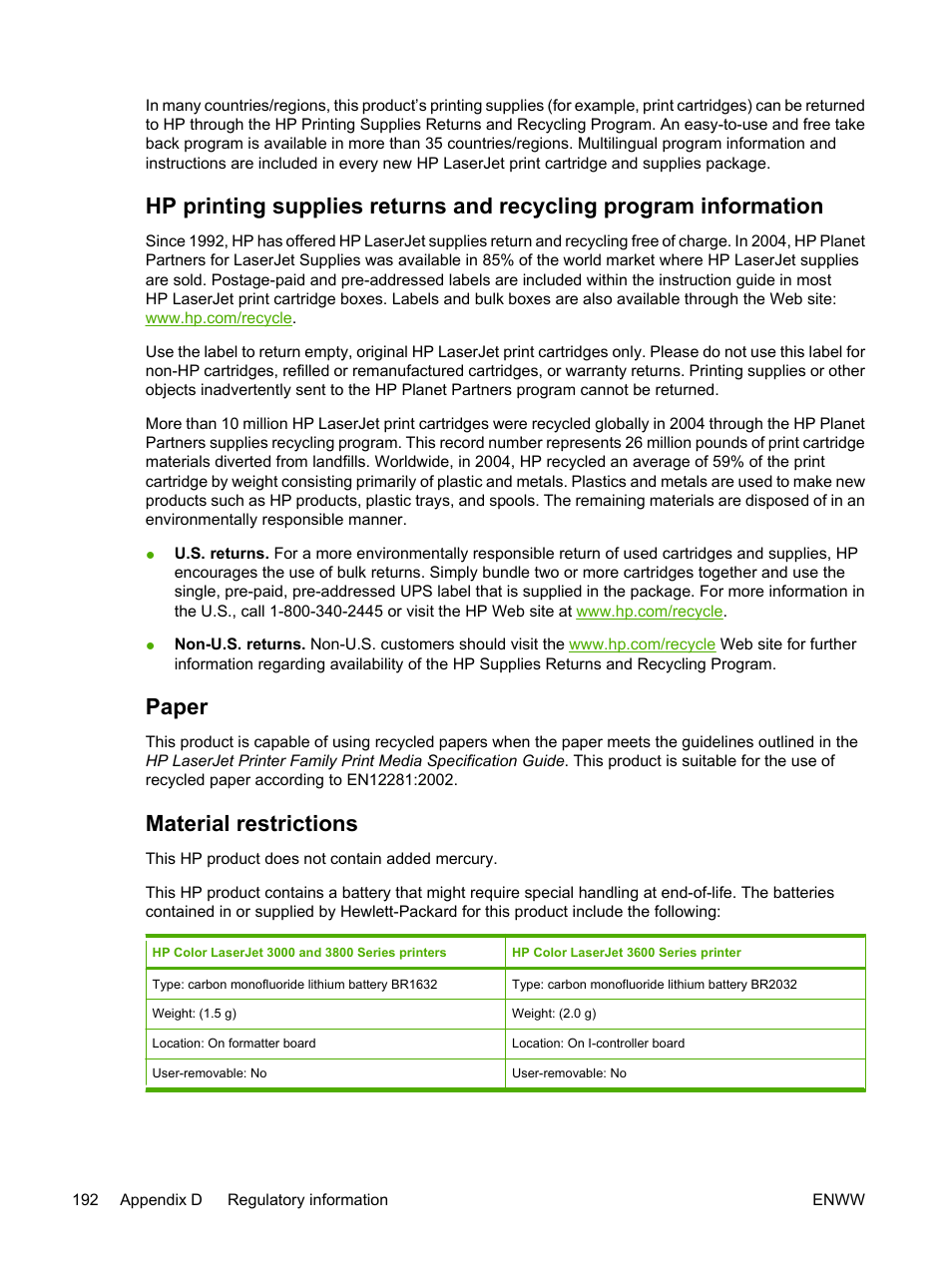 Paper, Material restrictions | HP 3800 User Manual | Page 206 / 226