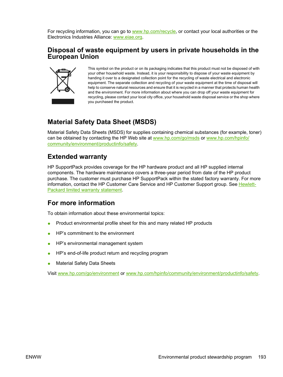 Material safety data sheet (msds), Extended warranty, For more information | HP 3800 User Manual | Page 207 / 226