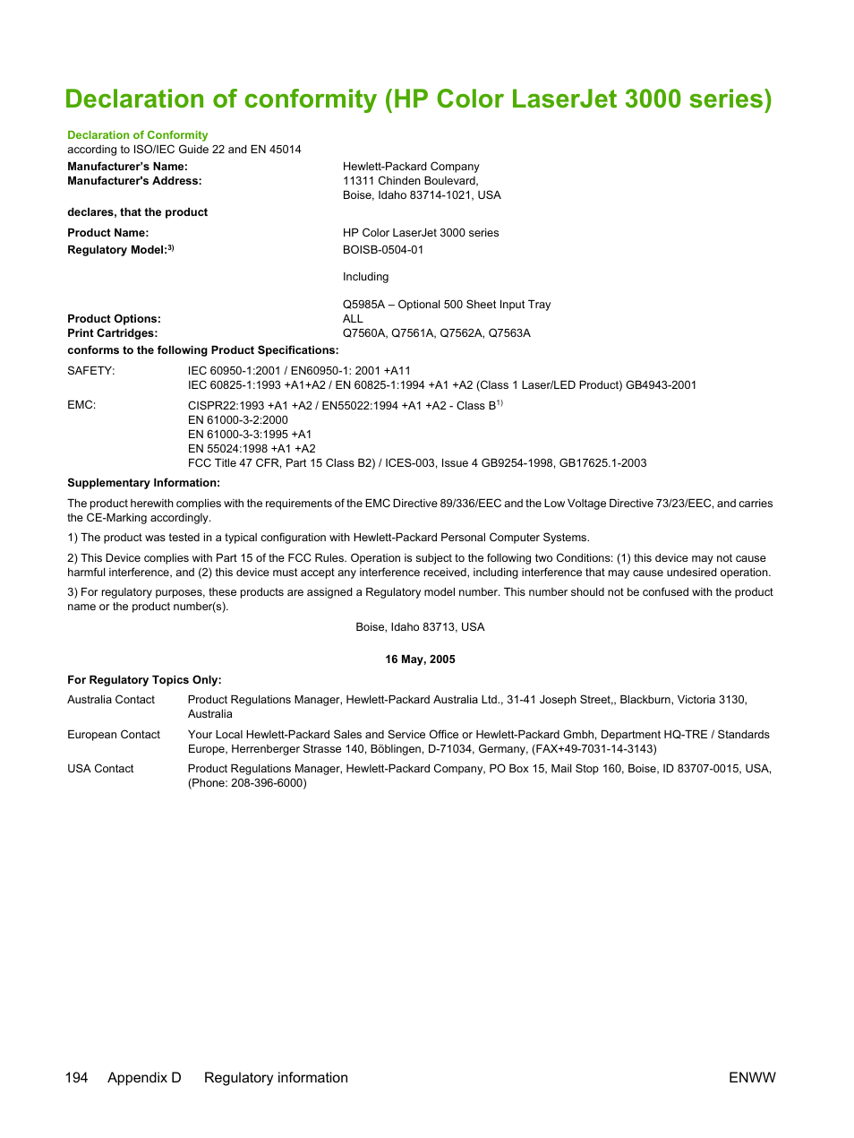 194 appendix d regulatory information enww | HP 3800 User Manual | Page 208 / 226