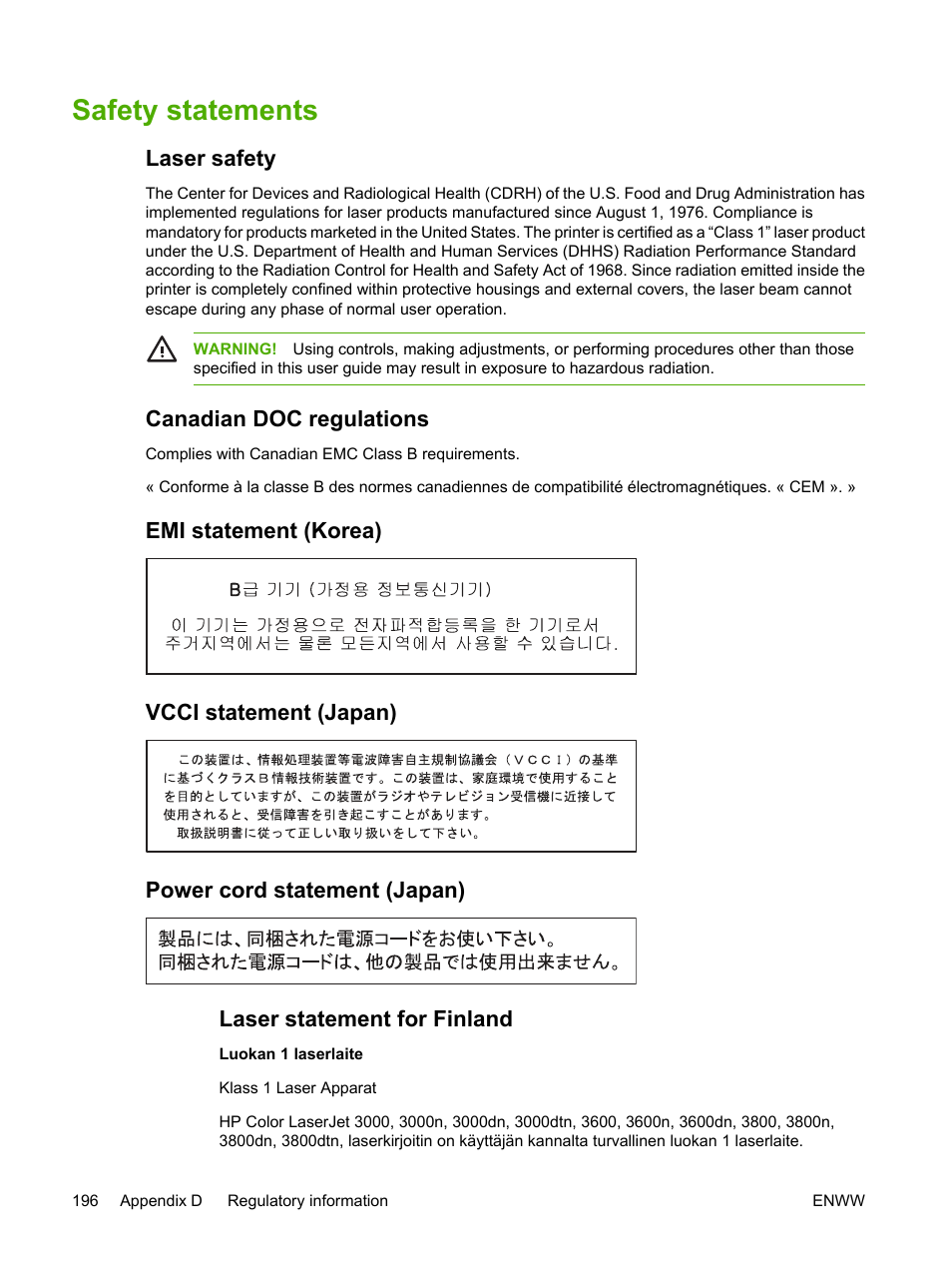 Safety statements, Laser safety, Canadian doc regulations | Emi statement (korea), Vcci statement (japan), Power cord statement (japan), Laser statement for finland | HP 3800 User Manual | Page 210 / 226